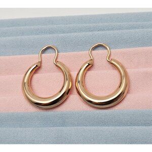Unique Medium 14K Solid Rose Gold Designer Polished Round Hinged Hoop Earrings